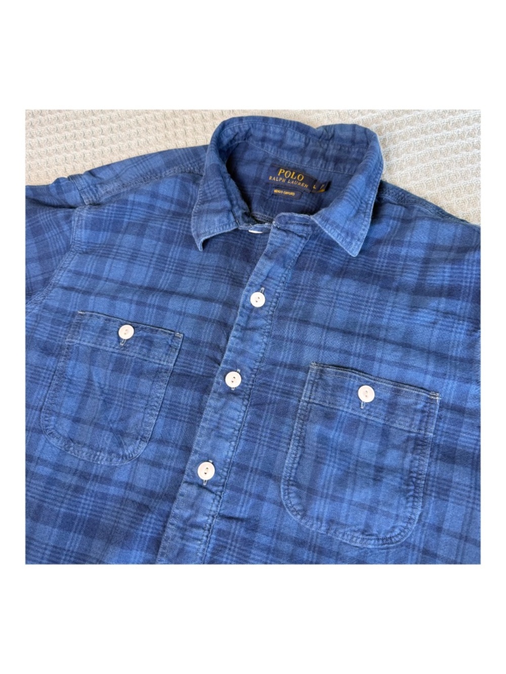 Polo Ralph Lauren Indigo Oxford Popover Shirt Mens Large Blue Plaid Beach Preppy